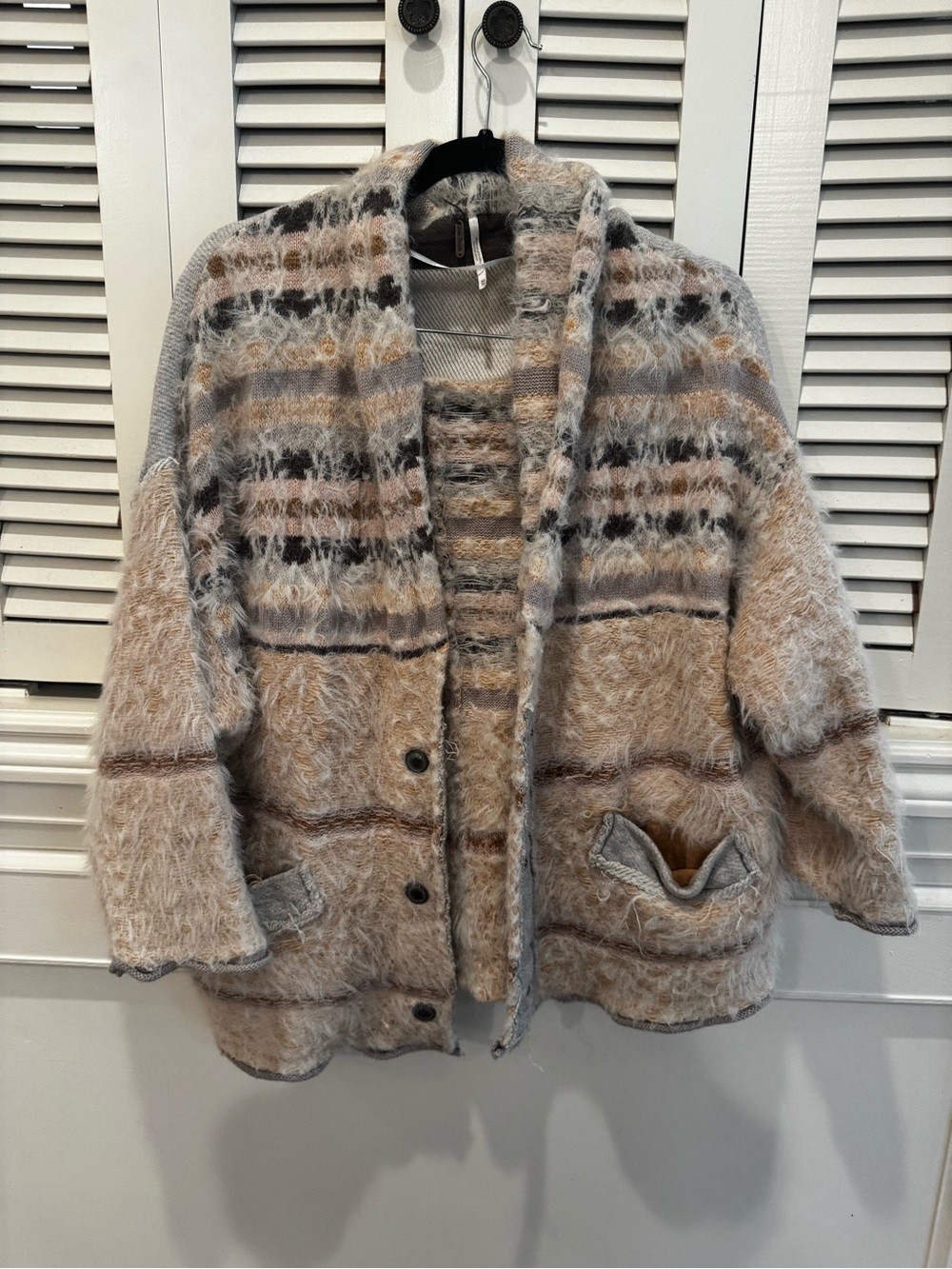 Free People Beige Gray Striped Fuzzy Cardigan Jacket